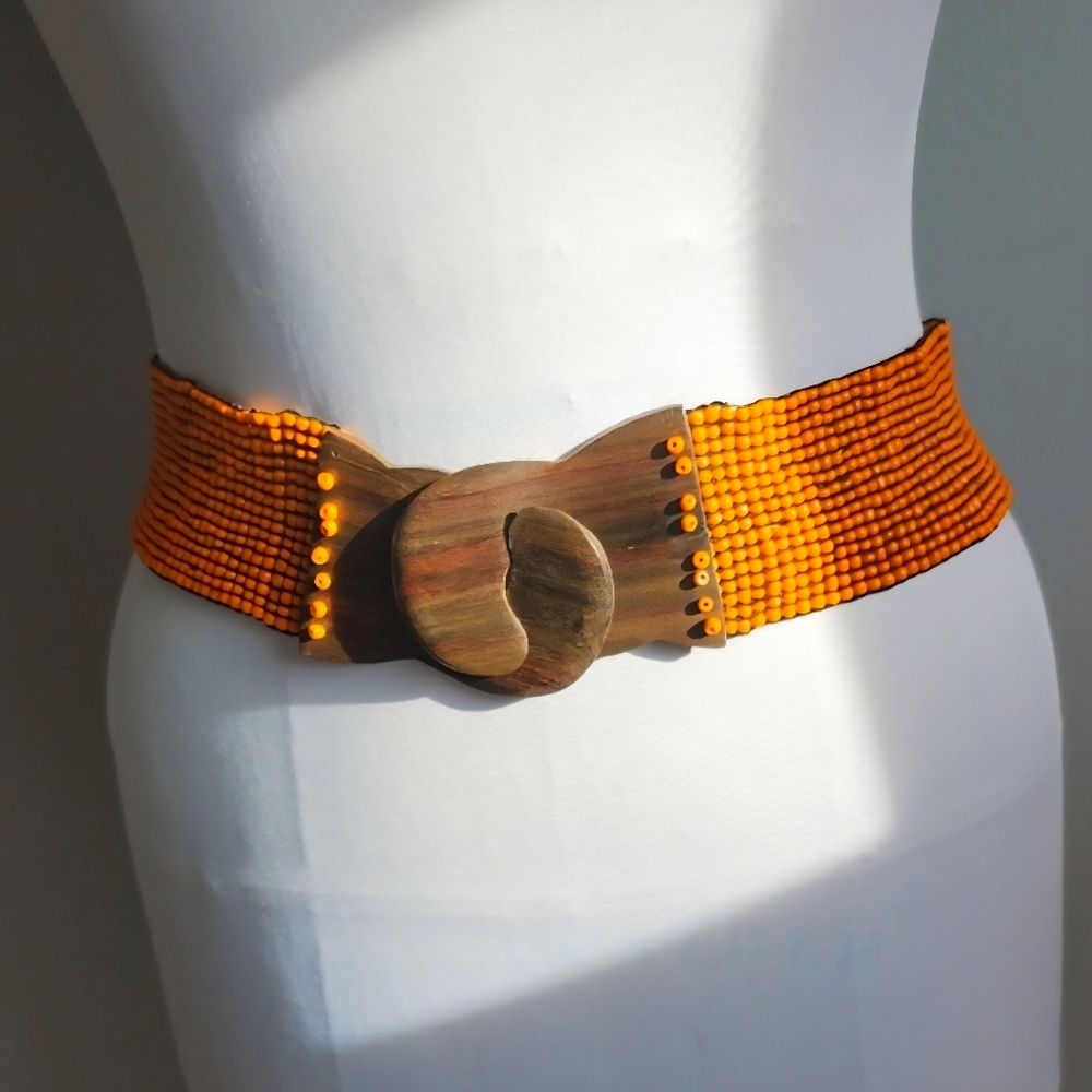 Vintage Wide Elastic Beaded Belt No Size Orange Beads Brown Wood Hook Buckle